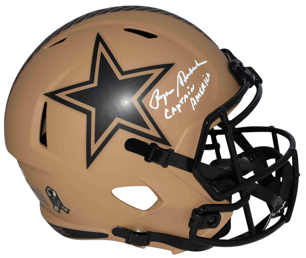 ROGER STAUBACH SIGNED DALLAS COWBOYS SALUTE TO SERVICE HELMET W/ CAPTAIN AMERICA