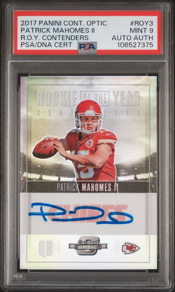 PATRICK MAHOMES SIGNED 2017 PANINI CONTENDERS OPTIC ROY /99 ROOKIE RC AUTO PSA 9