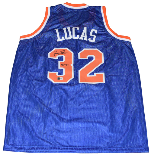 JERRY LUCAS SIGNED NEW YORK KNICKS #32 BLUE BASKETBALL JERSEY W/ HOF 79