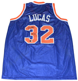 JERRY LUCAS SIGNED NEW YORK KNICKS #32 BLUE BASKETBALL JERSEY W/ HOF 79