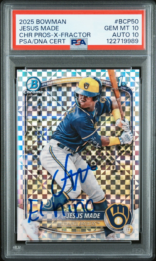 JESUS MADE SIGNED 2025 BOWMAN CHROME 1ST X-FRACTOR PSA 10 AUTO 10 + EL NINO
