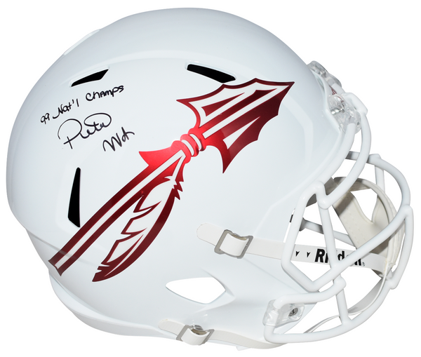 PETER WARRICK SIGNED FLORIDA STATE SEMINOLES WHITE FULL SIZE HELMET W/ 99 CHAMPS