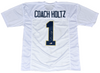 LOU HOLTZ SIGNED AUTOGRAPHED NOTRE DAME IRISH #1 WHITE JERSEY BECKETT