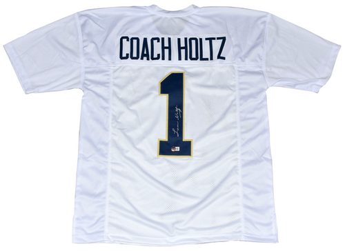 LOU HOLTZ SIGNED AUTOGRAPHED NOTRE DAME IRISH #1 WHITE JERSEY BECKETT