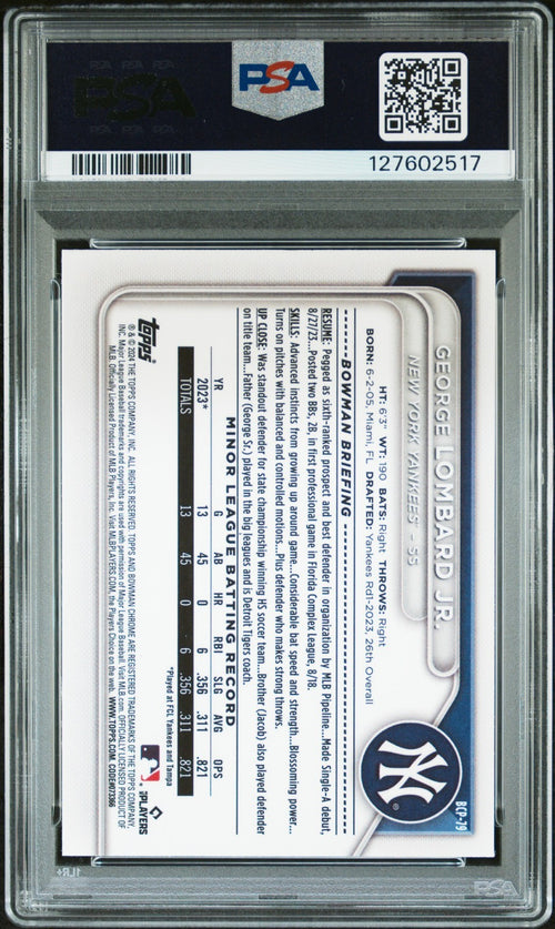 GEORGE LOMBARD JR SIGNED 2024 BOWMAN CHROME MOJO REFRACTOR 1ST RC PSA 9 AUTO 10