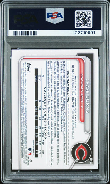 CHASE BURNS SIGNED 2024 BOWMAN DRAFT 1ST ROOKIE RC PSA AUTO 10