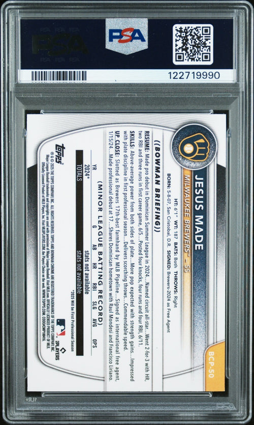 JESUS MADE SIGNED 2025 BOWMAN CHROME 1ST RC PURPLE GEOMETRIC /250 PSA 10 AUTO 10
