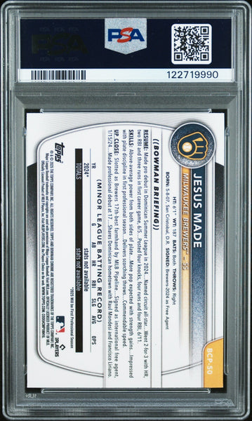 JESUS MADE SIGNED 2025 BOWMAN CHROME 1ST RC PURPLE GEOMETRIC /250 PSA 10 AUTO 10