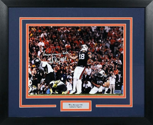 WES BYRUM AUTOGRAPHED AUBURN TIGERS BCS KICK 11x14 FRAMED PHOTO COA