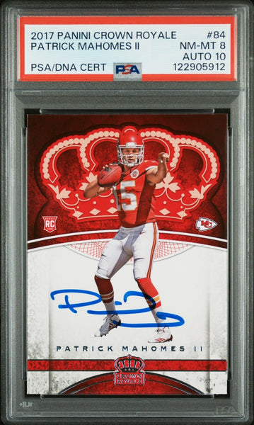 PATRICK MAHOMES SIGNED 2017 PANINI CROWN ROYALE #84 ROOKIE RC PSA 8 AUTO 10