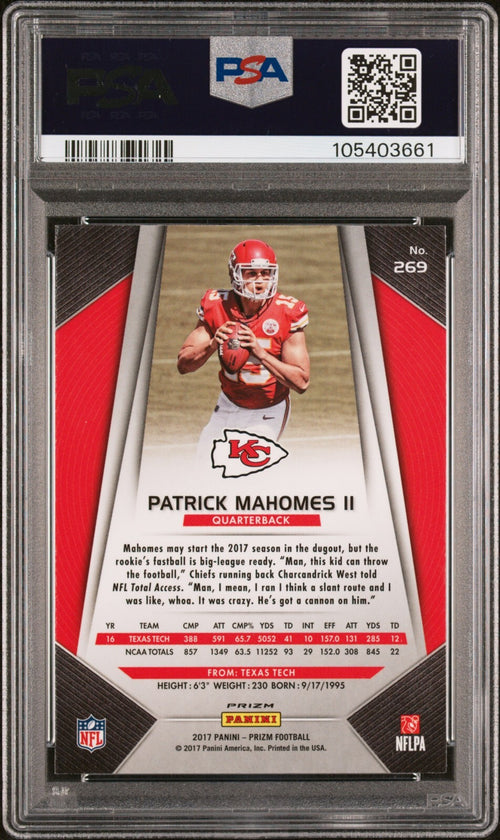 PATRICK MAHOMES SIGNED 2017 PANINI PRIZM ROOKIE RC #269 PSA 9 AUTO 10