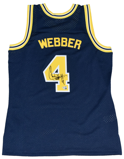 CHRIS WEBBER SIGNED MICHIGAN WOLVERINES #4 NAVY MITCHELL & NESS JERSEY FANATICS