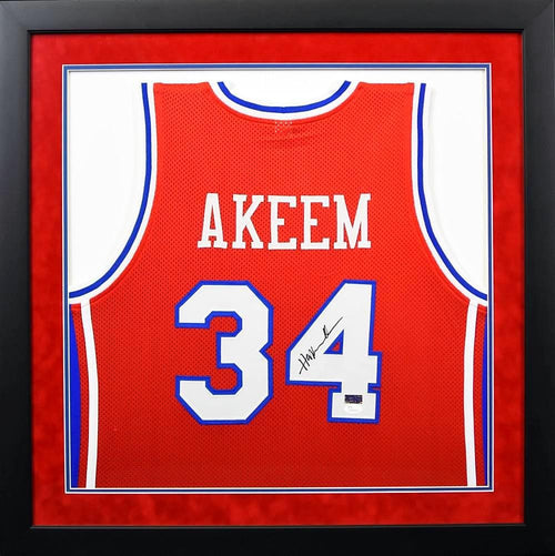 HAKEEM OLAJUWON SIGNED HOUSTON COUGARS BASKETBALL #34 FRAMED JERSEY JSA