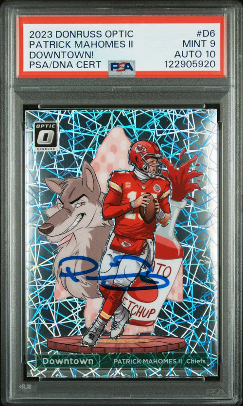 PATRICK MAHOMES SIGNED 2023 PANINI DONRUSS OPTIC DOWNTOWN #D6 PSA 9 AUTO 10