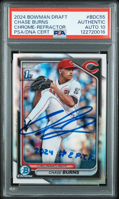 CHASE BURNS SIGNED 2024 BOWMAN CHROME REFRACTOR 1ST ROOKIE RC PSA AUTO 10