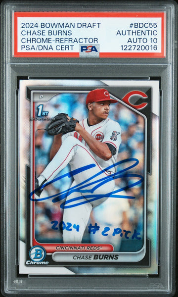 CHASE BURNS SIGNED 2024 BOWMAN CHROME REFRACTOR 1ST ROOKIE RC PSA AUTO 10
