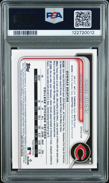 CHASE BURNS SIGNED 2024 BOWMAN CHROME REFRACTOR 1ST ROOKIE RC GEM MINT PSA 10