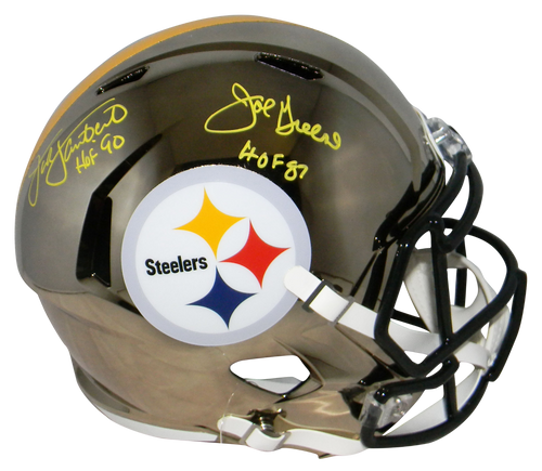 JOE GREENE & JACK LAMBERT SIGNED PITTSBURGH STEELERS CHROME FULL SIZE HELMET BAS