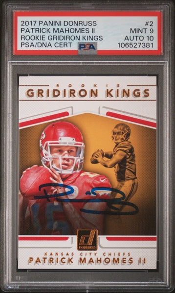 PATRICK MAHOMES SIGNED 2017 PANINI DONRUSS ROOKIE GRIDIRON KINGS PSA 9 AUTO 10