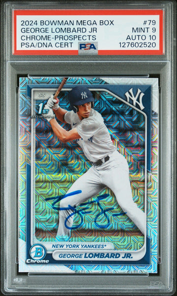 GEORGE LOMBARD JR SIGNED 2024 BOWMAN CHROME MEGA BOX MOJO 1ST RC PSA 9 AUTO 10
