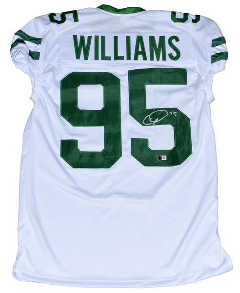 QUINNEN WILLIAMS AUTOGRAPHED NEW YORK JETS #95 WHITE GAME CUT JERSEY BECKETT