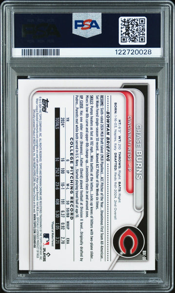 CHASE BURNS SIGNED 2024 BOWMAN CHROME YELLOW LUNAR REFRACTOR 1ST RC /75 PSA 10