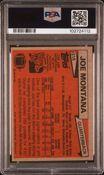 JOE MONTANA AUTOGRAPHED 1981 TOPPS ROOKIE CARD RC #216 PSA AUTO 10