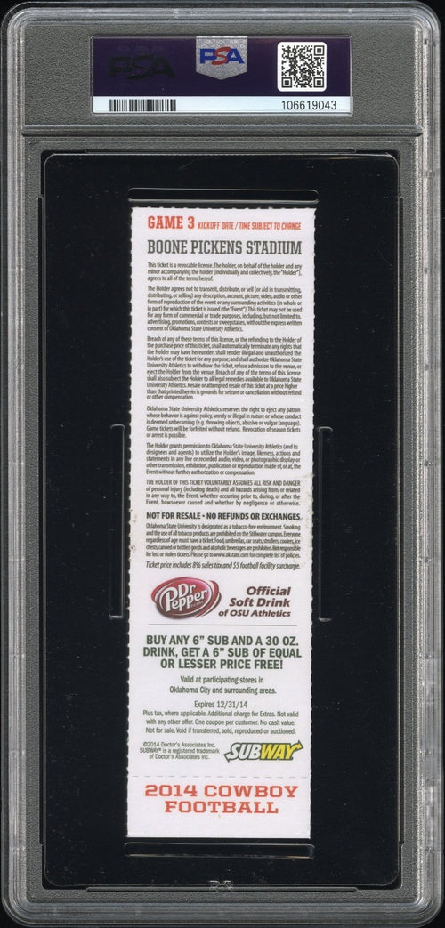 PATRICK MAHOMES SIGNED 2014 TEXAS TECH VS OKLAHOMA STATE NCAA DEBUT TICKET PSA