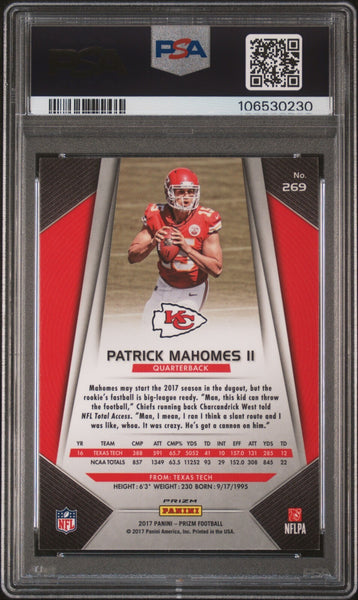 PATRICK MAHOMES SIGNED 2017 PANINI PRIZM ROOKIE #269 RC PSA 9 AUTO 10