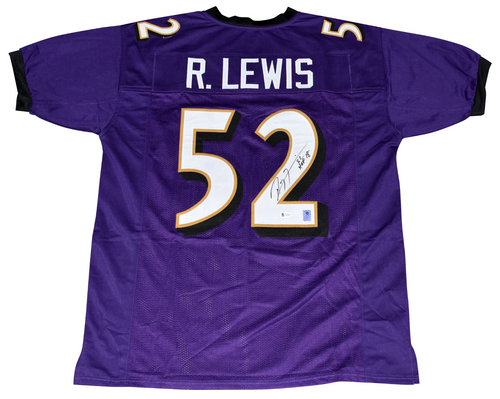RAY LEWIS AUTOGRAPHED BALTIMORE RAVENS #52 PURPLE JERSEY BECKETT W/ HOF 18