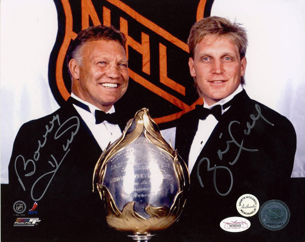 BOBBY HULL & BRETT HULL SIGNED NHL BLACKHAWKS BLUES STARS 8x10 PHOTO JSA