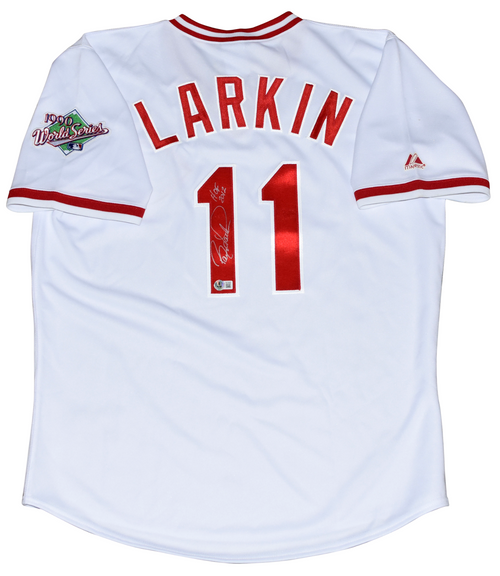 BARRY LARKIN SIGNED CINCINNATI REDS 1990 WORLD SERIES #11 MAJESTIC JERSEY
