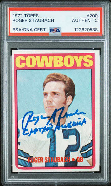 ROGER STAUBACH SIGNED 1972 TOPPS ROOKIE CARD RC #200 AUTO PSA W/ CAPTAIN AMERICA