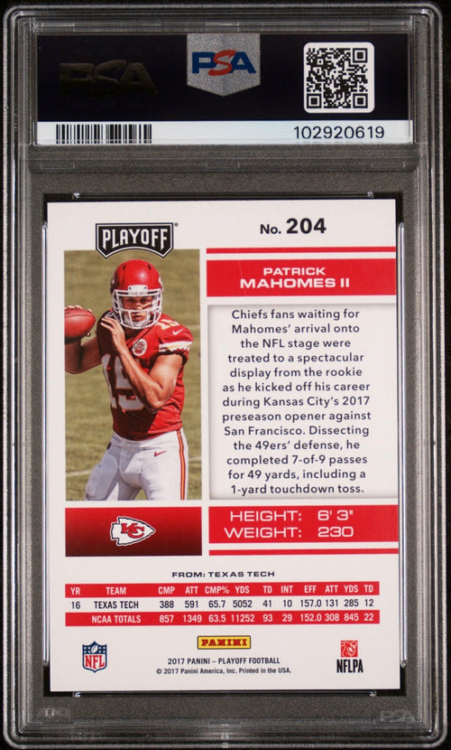 PATRICK MAHOMES SIGNED 2017 PANINI PLAYOFF ROOKIE RC #204 AUTO PSA 9