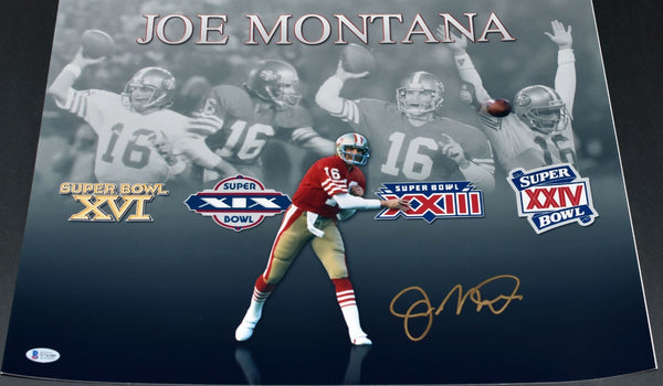 JOE MONTANA SIGNED SAN FRANCISCO 49ERS 4X SUPER BOWL 16x20 PHOTO BECKETT