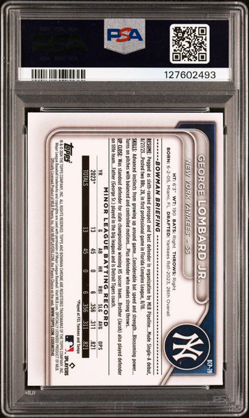 GEORGE LOMBARD JR SIGNED 2024 BOWMAN CHROME PROSPECTS 1ST RC PSA 10 AUTO 10