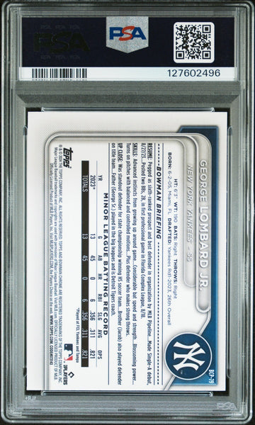 GEORGE LOMBARD JR SIGNED 2024 BOWMAN CHROME LUNAR GLOW REFRACTOR PSA 9 AUTO 10