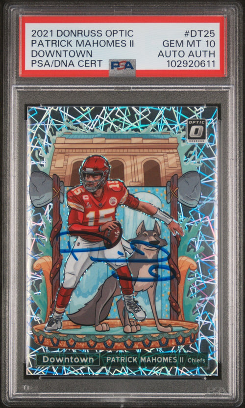 PATRICK MAHOMES SIGNED 2021 PANINI DONRUSS OPTIC DOWNTOWN AUTO PSA GEM 10