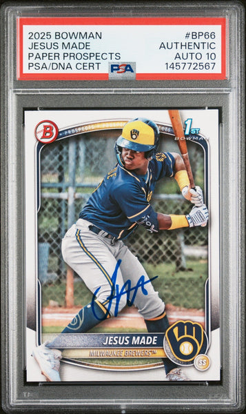 JESUS MADE SIGNED 2025 BOWMAN PAPER PROSPECTS 1ST ROOKIE RC PSA AUTO 10