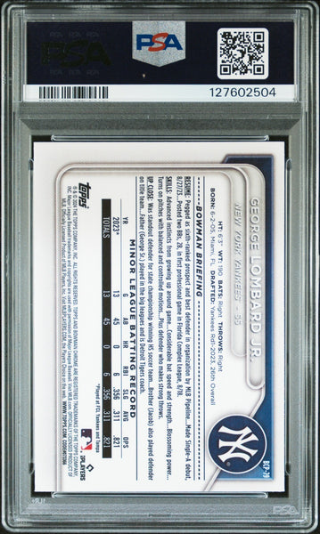 GEORGE LOMBARD JR SIGNED 2024 BOWMAN CHROME MOJO REFRACTOR 1ST RC PSA AUTO 10