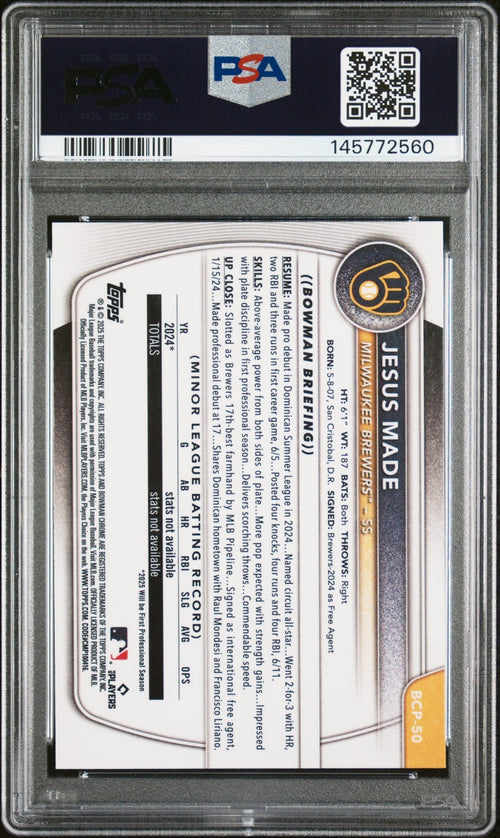 JESUS MADE SIGNED 2025 BOWMAN CHROME 1ST ROOKIE RC GEM MINT PSA 10 AUTO 10