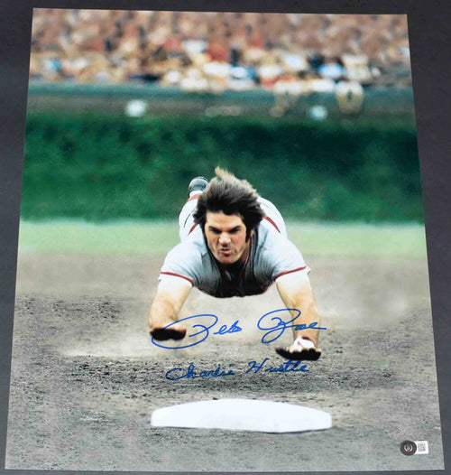 PETE ROSE AUTOGRAPHED CINCINNATI REDS 16x20 PHOTO BECKETT W/ CHARLIE HUSTLE