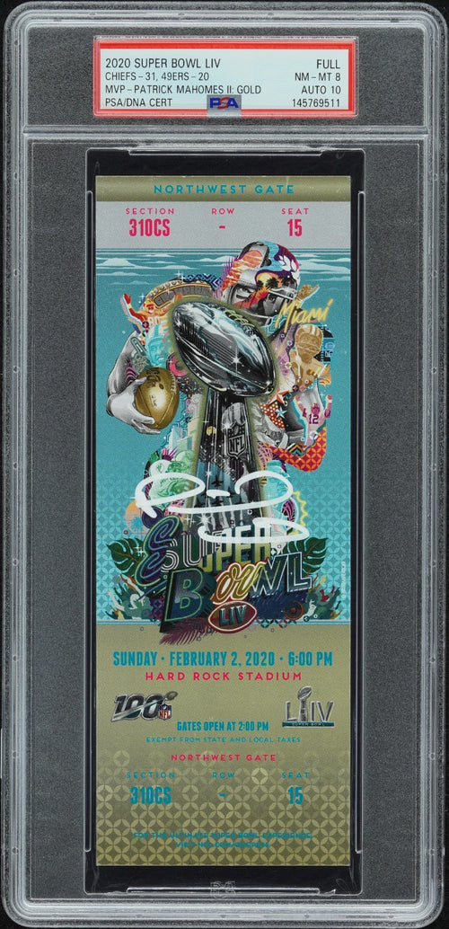 PATRICK MAHOMES SIGNED SUPER BOWL LIV 54 GOLD TICKET CHIEFS 49ERS PSA 8 AUTO 10