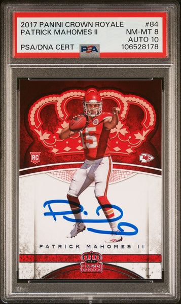 PATRICK MAHOMES SIGNED 2017 PANINI CROWN ROYALE #84 ROOKIE RC PSA 8 AUTO 10