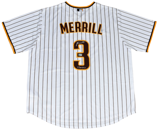 JACKSON MERRILL SIGNED SAN DIEGO PADRES #3 WHITE NIKE JERSEY W/ SLAM DIEGO