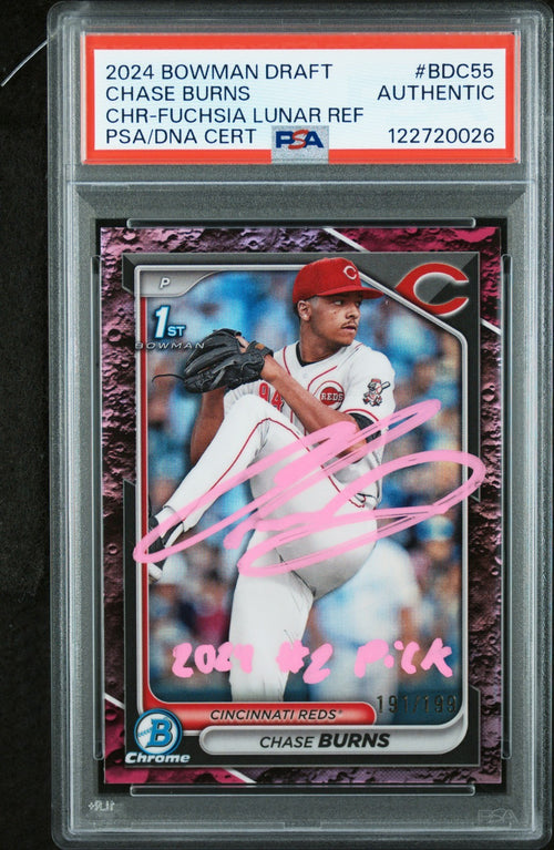 CHASE BURNS SIGNED 2024 BOWMAN CHROME 1ST FUCHSIA LUNAR REFRACTOR /199 PSA AUTH