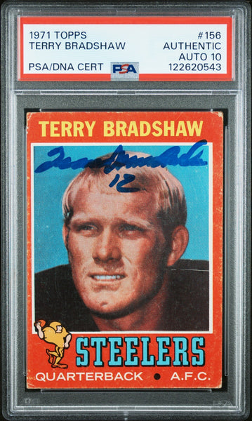 TERRY BRADSHAW SIGNED 1971 TOPPS ROOKIE CARD RC #156 PSA GEM AUTO 10