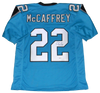CHRISTIAN McCAFFREY SIGNED AUTOGRAPHED CAROLINA PANTHERS #22 BLUE JERSEY BECKETT