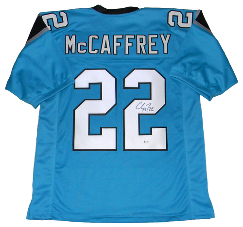 CHRISTIAN McCAFFREY SIGNED AUTOGRAPHED CAROLINA PANTHERS #22 BLUE JERSEY BECKETT