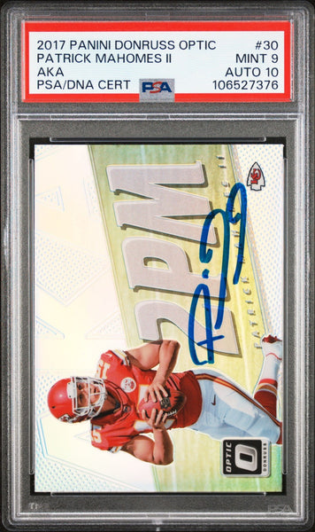 PATRICK MAHOMES SIGNED 2017 PANINI DONRUSS OPTIC AKA 2PM ROOKIE RC PSA 9 AUTO 10